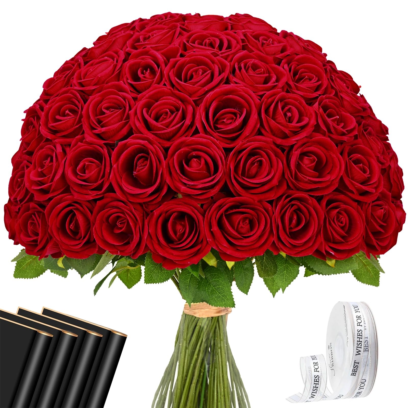 Artificial Red Roses Real Touch Velvet Bulk 50 Pcs Wedding Bridal Bouquet Decor