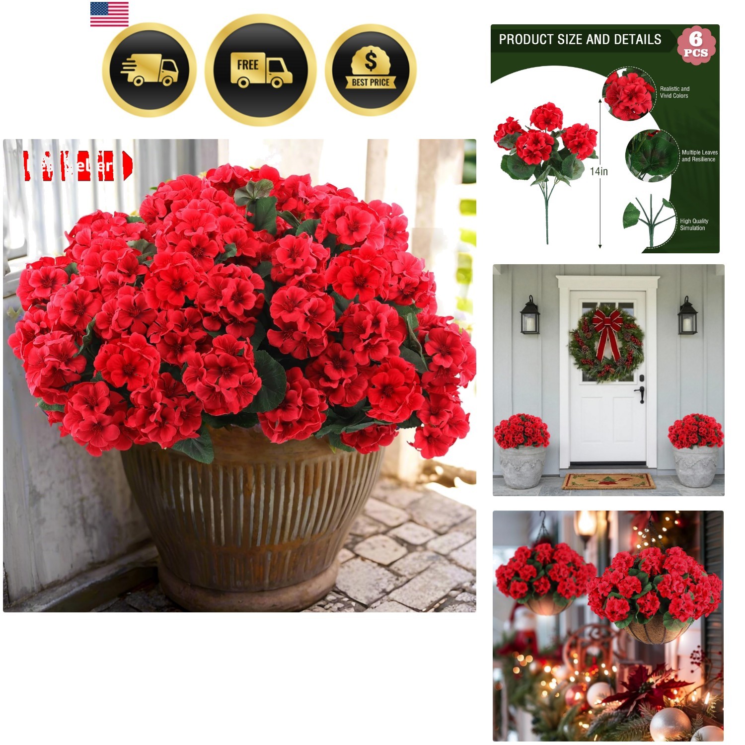 6 Pcs Artificial Geranium Flowers for Outdoors Geranium Silk Red Flower Outdo…