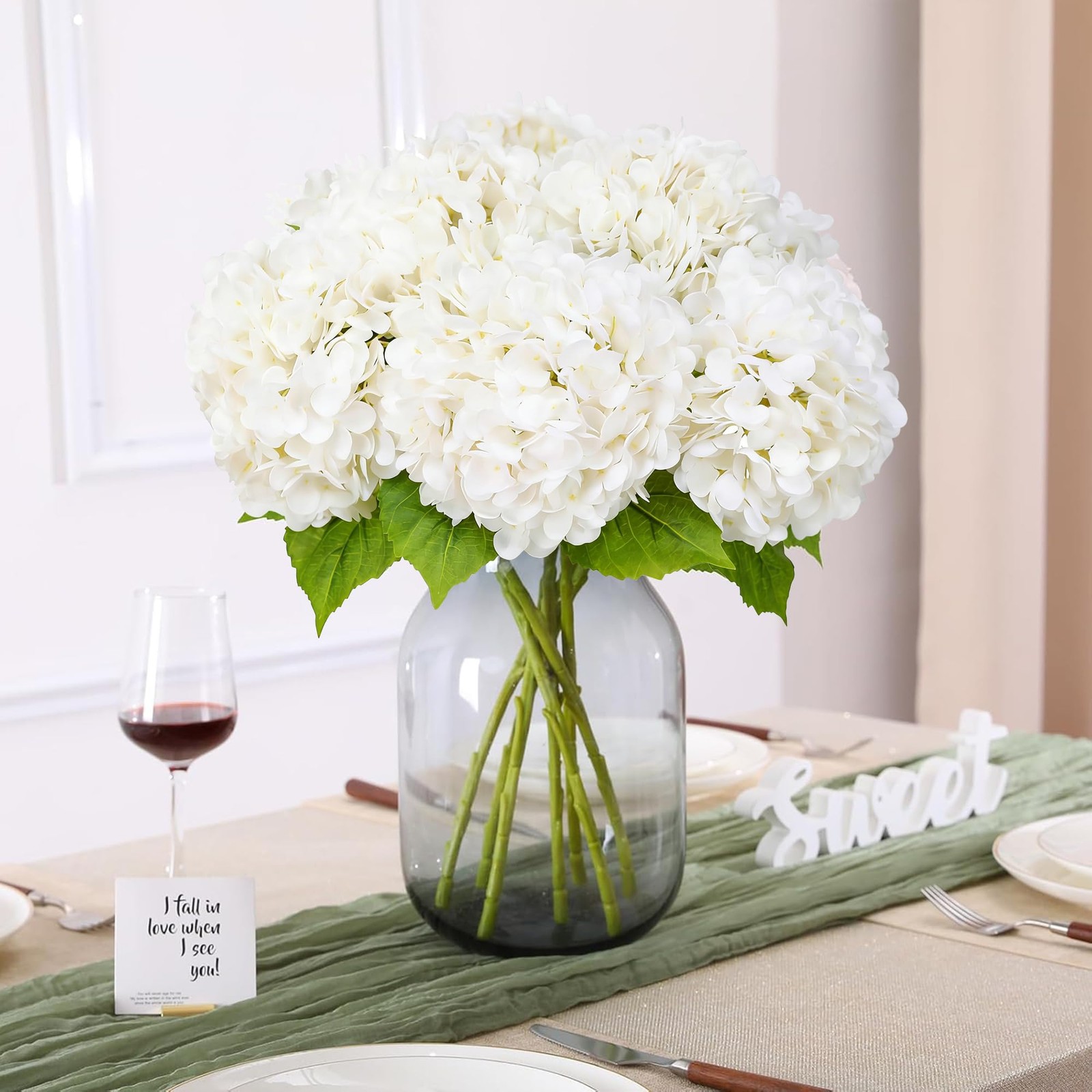 3 Pcs White Artificial Hydrangea Large Flowers 20″ Real Touch Faux Hydrangea …