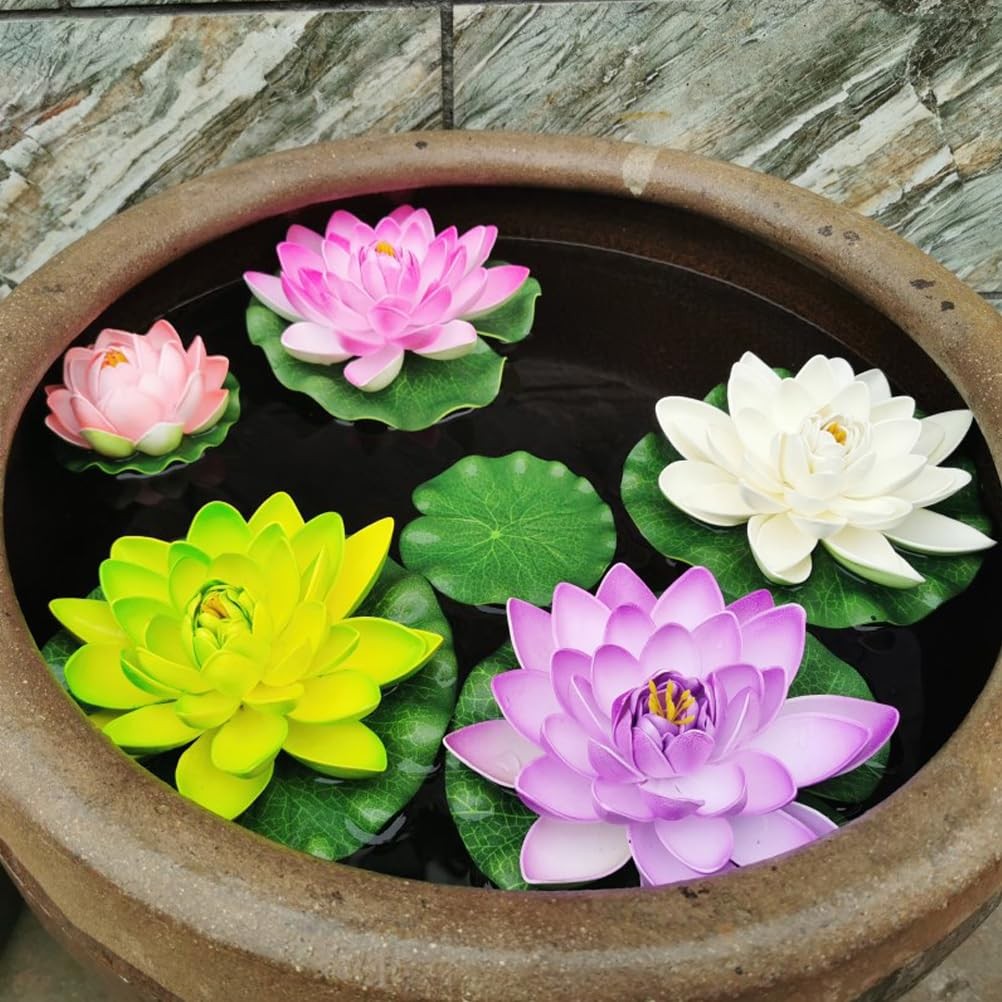 9PCS Artificial Floating Foam Lotus Flowers with Artificial Lotus Leaves: Lil…