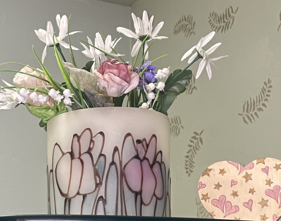 2-Piece Pretty Silk Flower in Wax Vase w/Nice Painted Wooden Heart