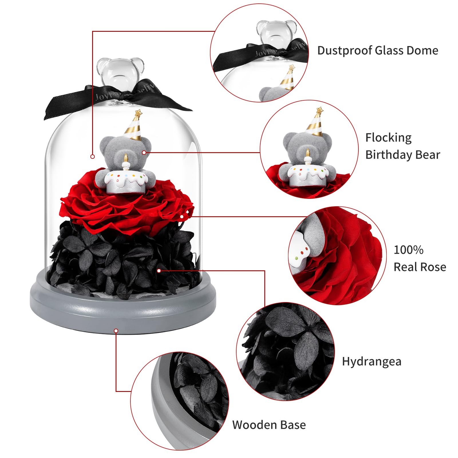 JoyFlower Preserved Flower Birthday Gift for Women, Red Preserved Rose Bear in