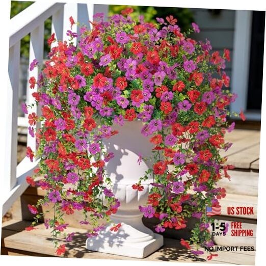 Fake Artificial Hanging Flowers for Outdoors Decoration, 2 PCS Faux Red Purple