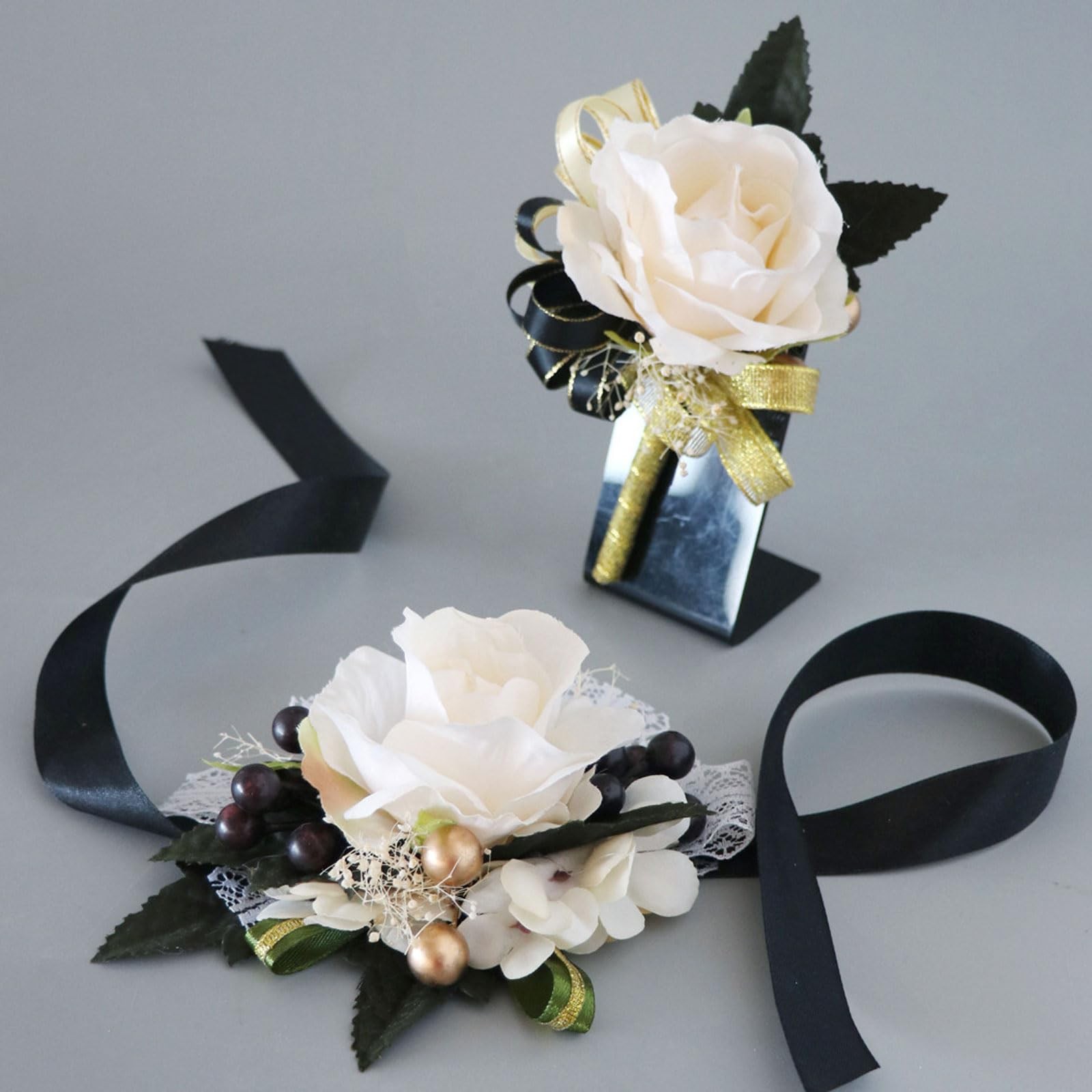 2 PCS Ivory Black Rose Wrist Corsage Boutonniere Set Wedding Prom Flower Suit