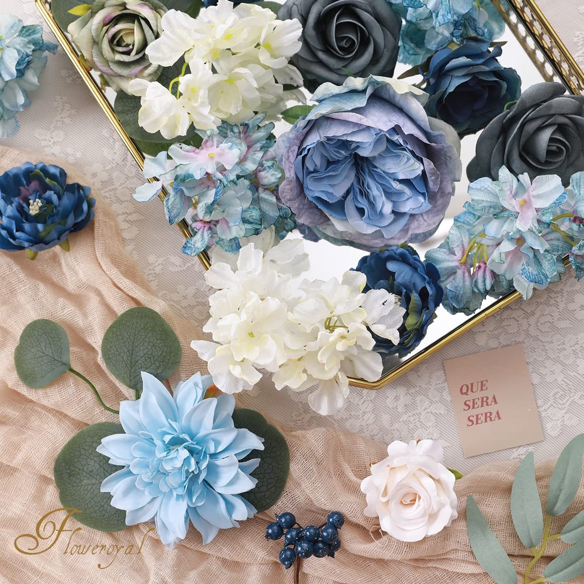 Floweroyal 36 Pcs Artificial Flowers Combo Dusty Blue Flowers Mix Silk Flower…