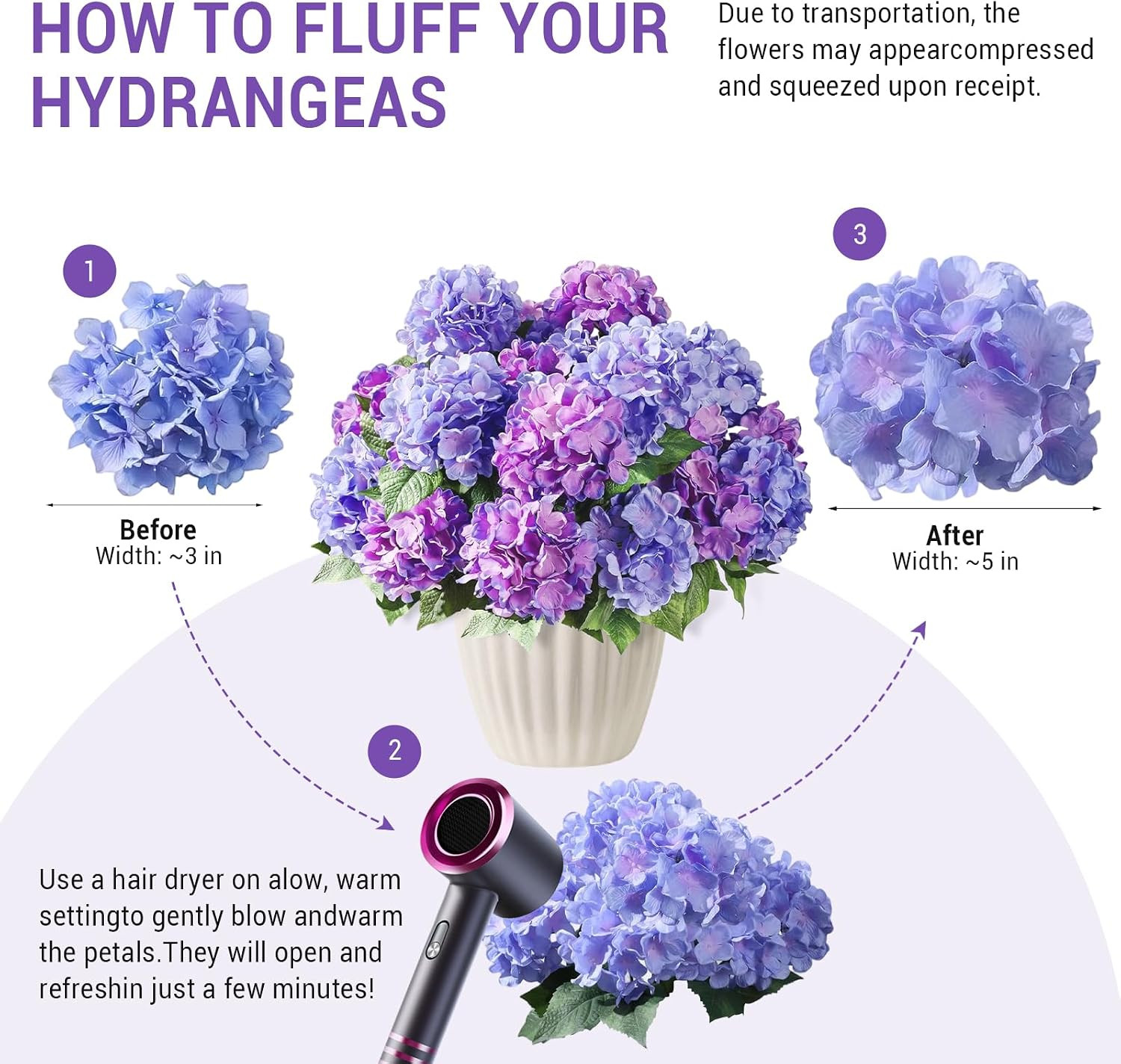 6 Pcs UV Resistant Purple Blue Silk Hydrangea Flowers for Outdoor Decor