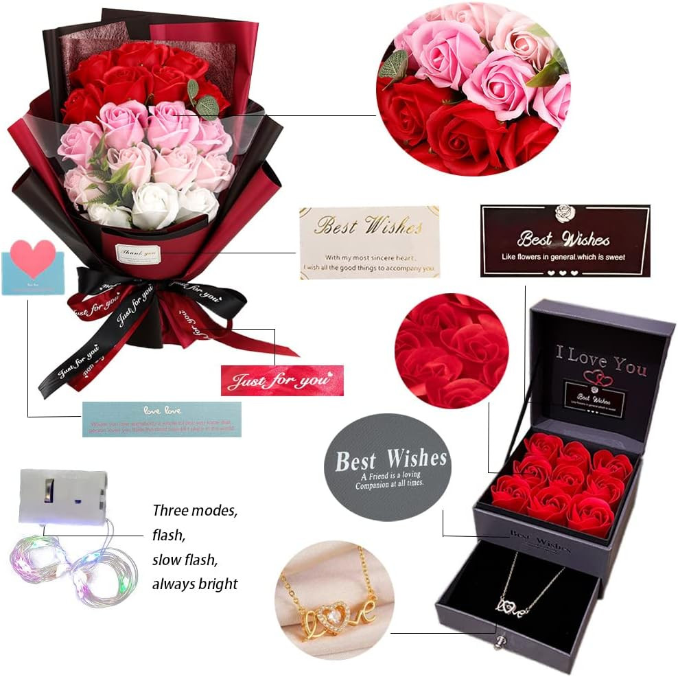 Roses Bouquet Artificial Flower – Preserved Red Rose Flowers with Love Necklace