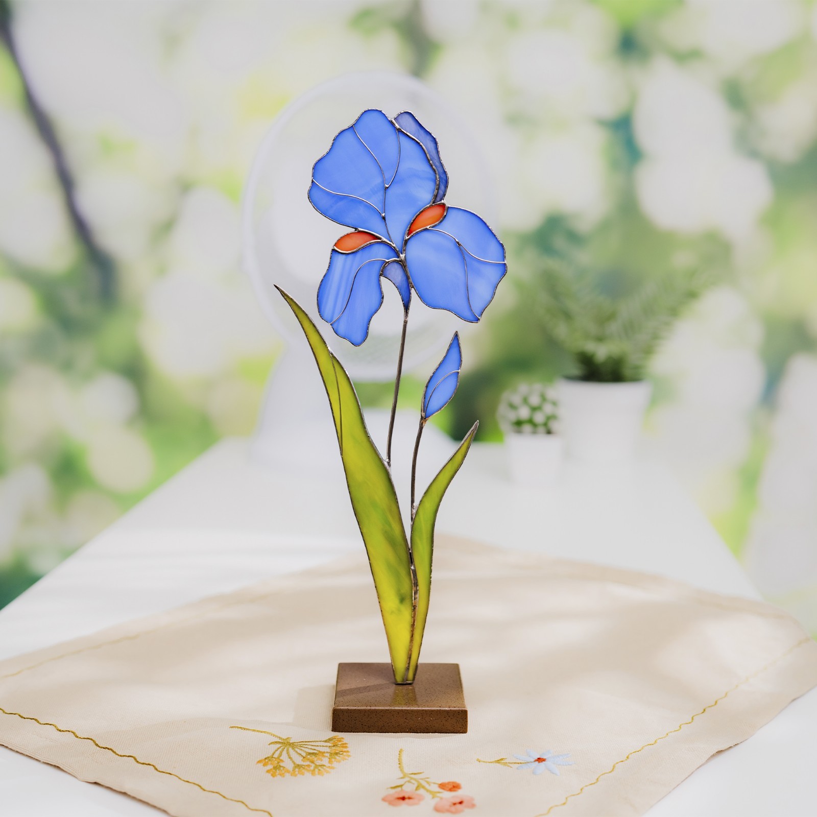 Iris Stained Glass Plant Decor – Faux Flower Table Art Gift for Her