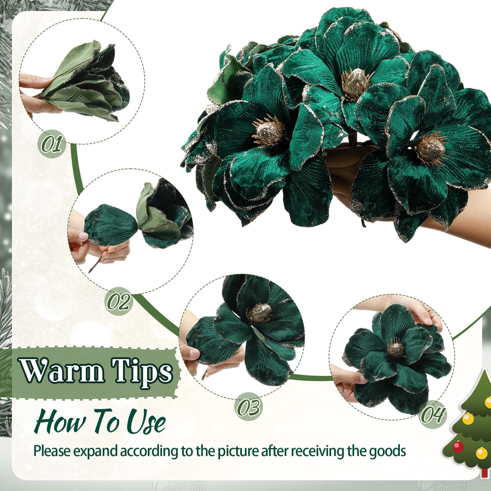 18 PCS Dark Green Large Velvet Christmas Poinsettia Magnolia Flowers Decor Set