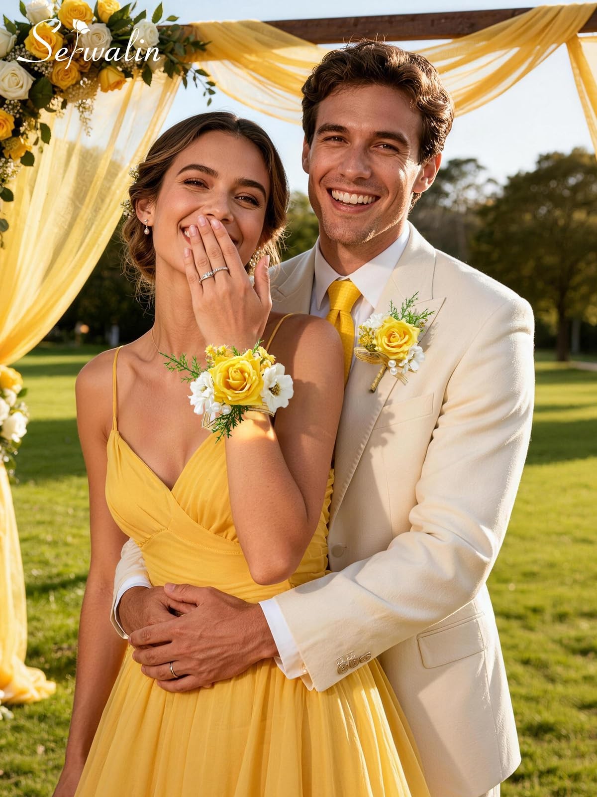 Yellow Rose Corsage and Boutonniere Set, Artificial Silk Rose Wrist Corsage W