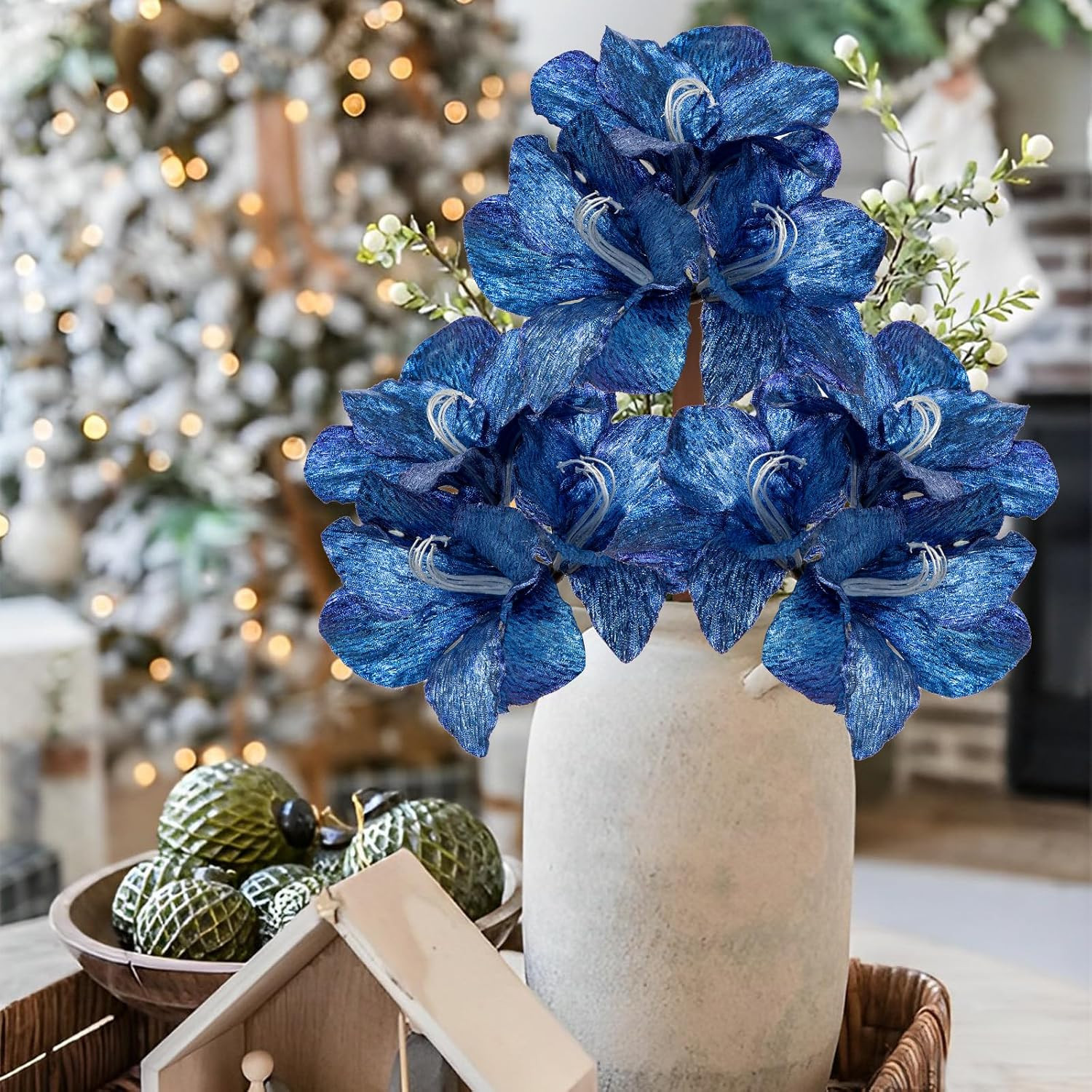 Blue Glitter Amaryllis Stems – 19.7″ Faux Flowers for Christmas Decor