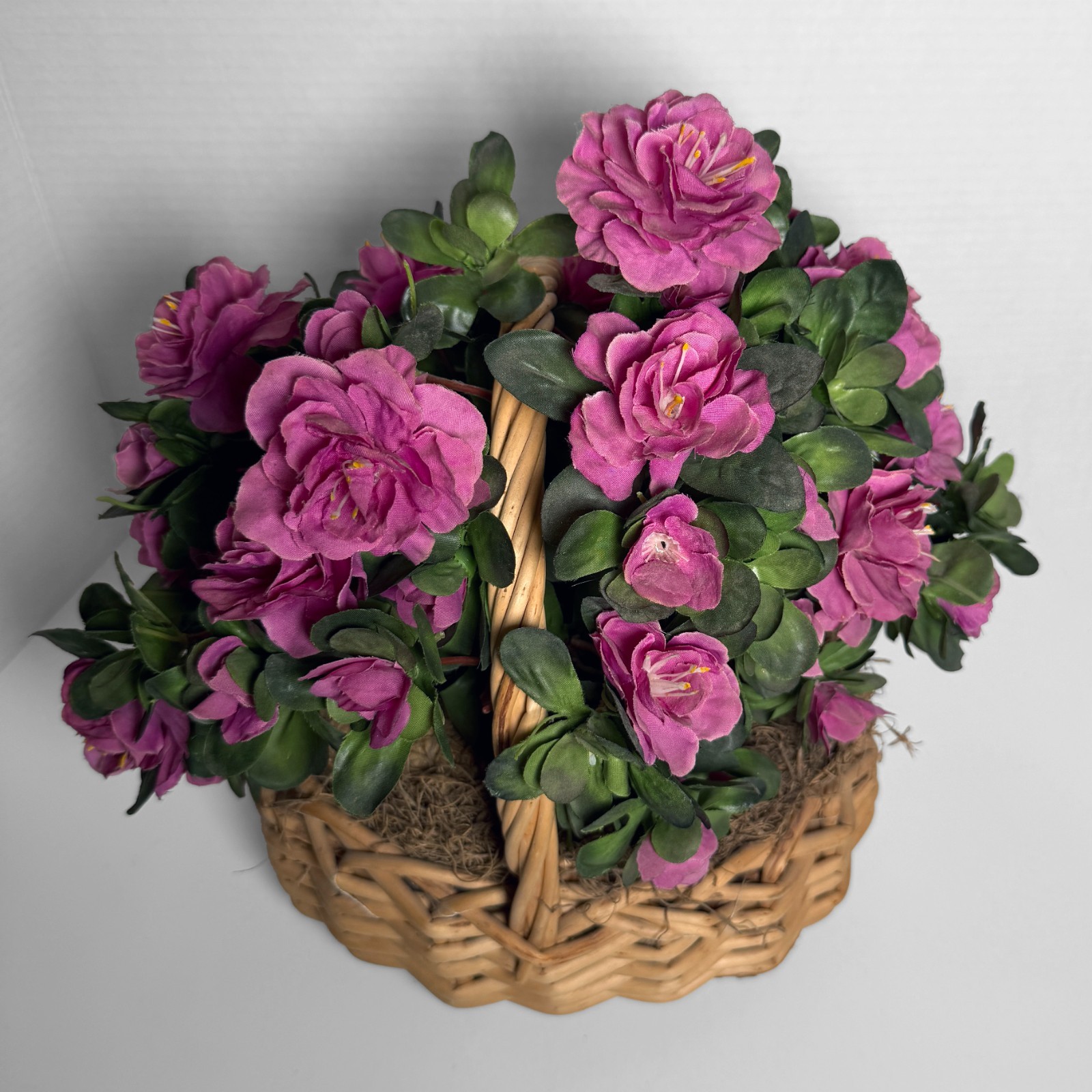 Camellia Artificial Flower Arrangement In Wicker Basket VTG 80s Centerpiece 13”h