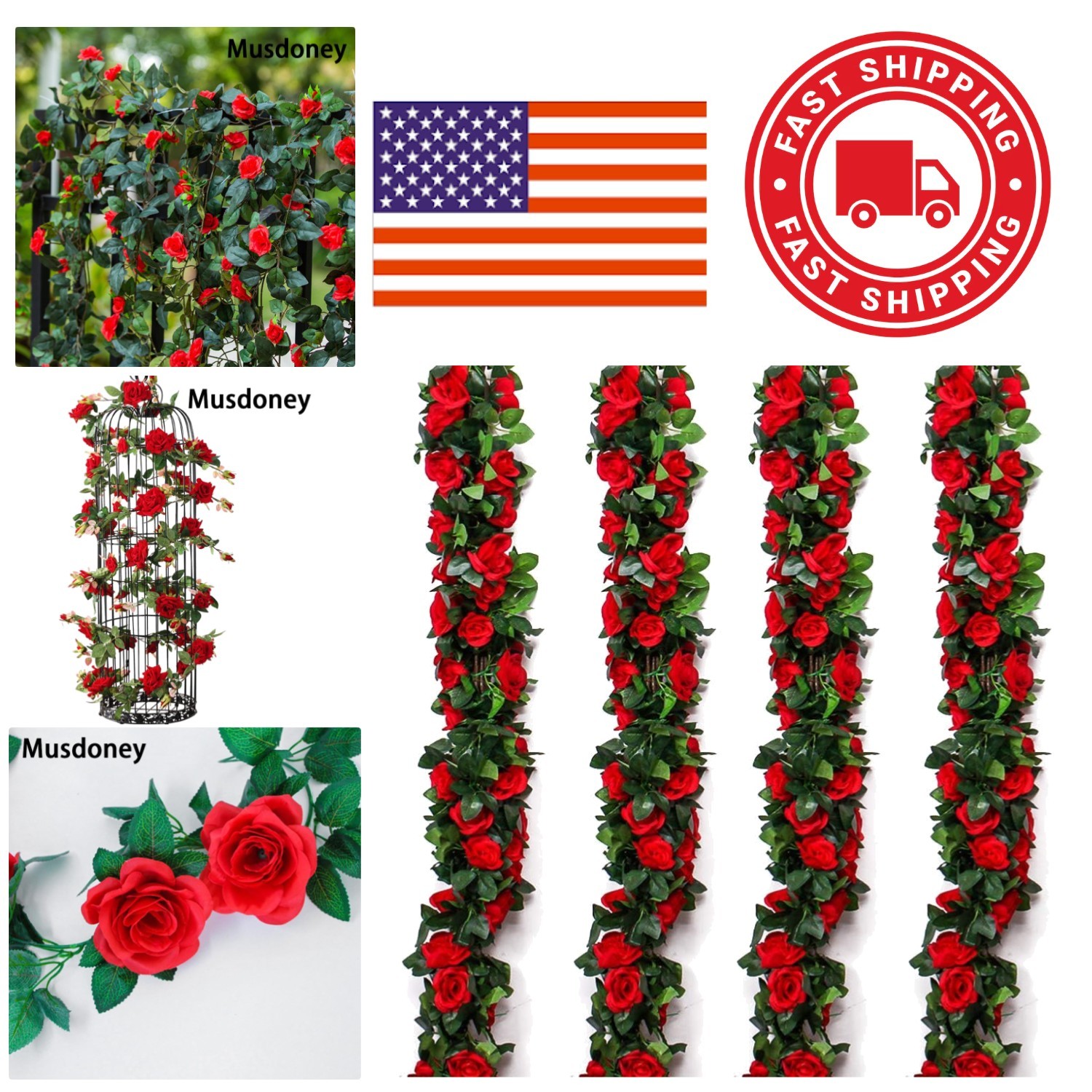 Artificial Rose Hanging Vines 4 Pcs 96 Inches Red Floral Decoration for Events