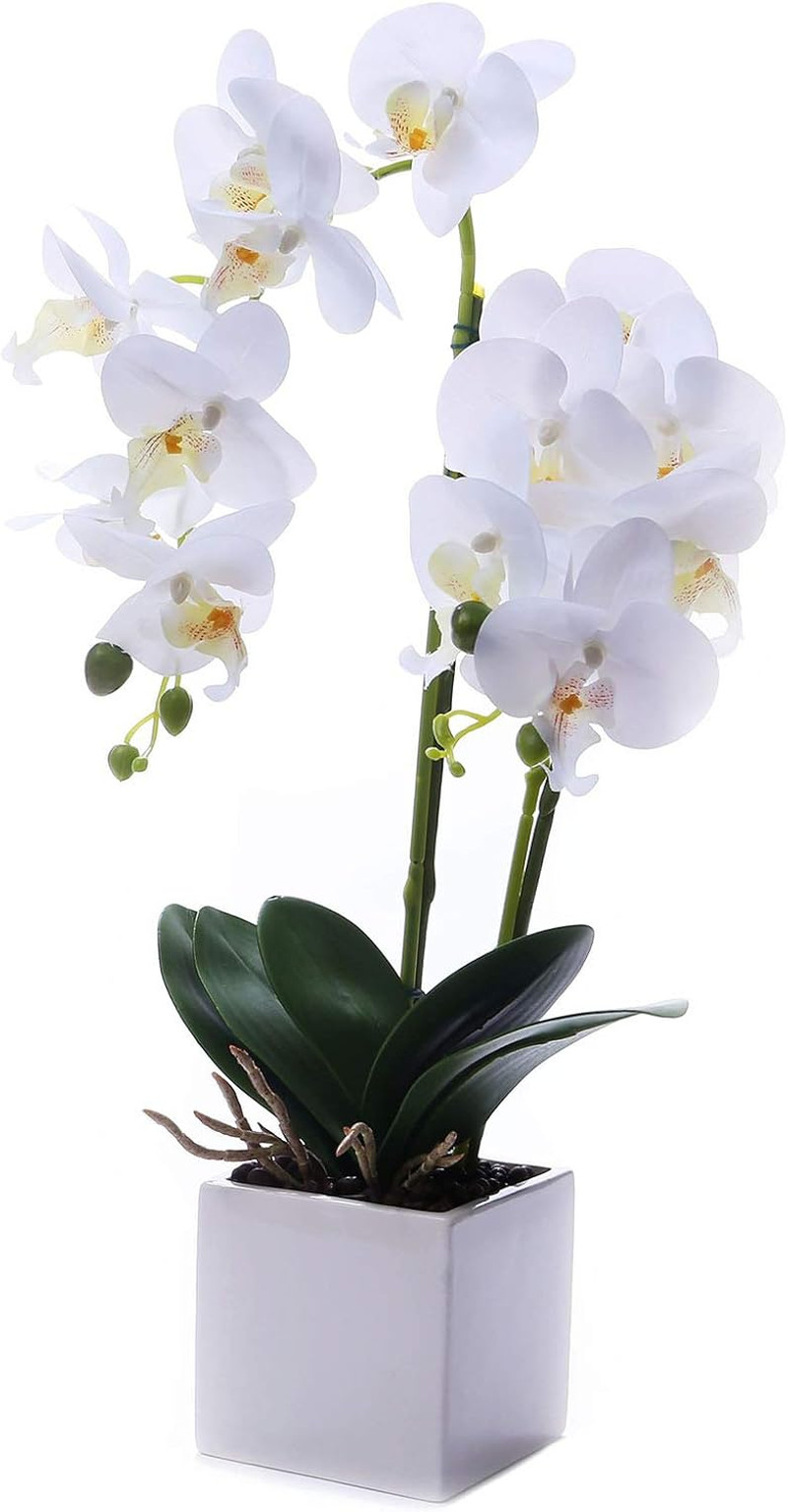 Real Touch White Orchid Arrangement in Vase – Elegant Faux Flower Centerpiece