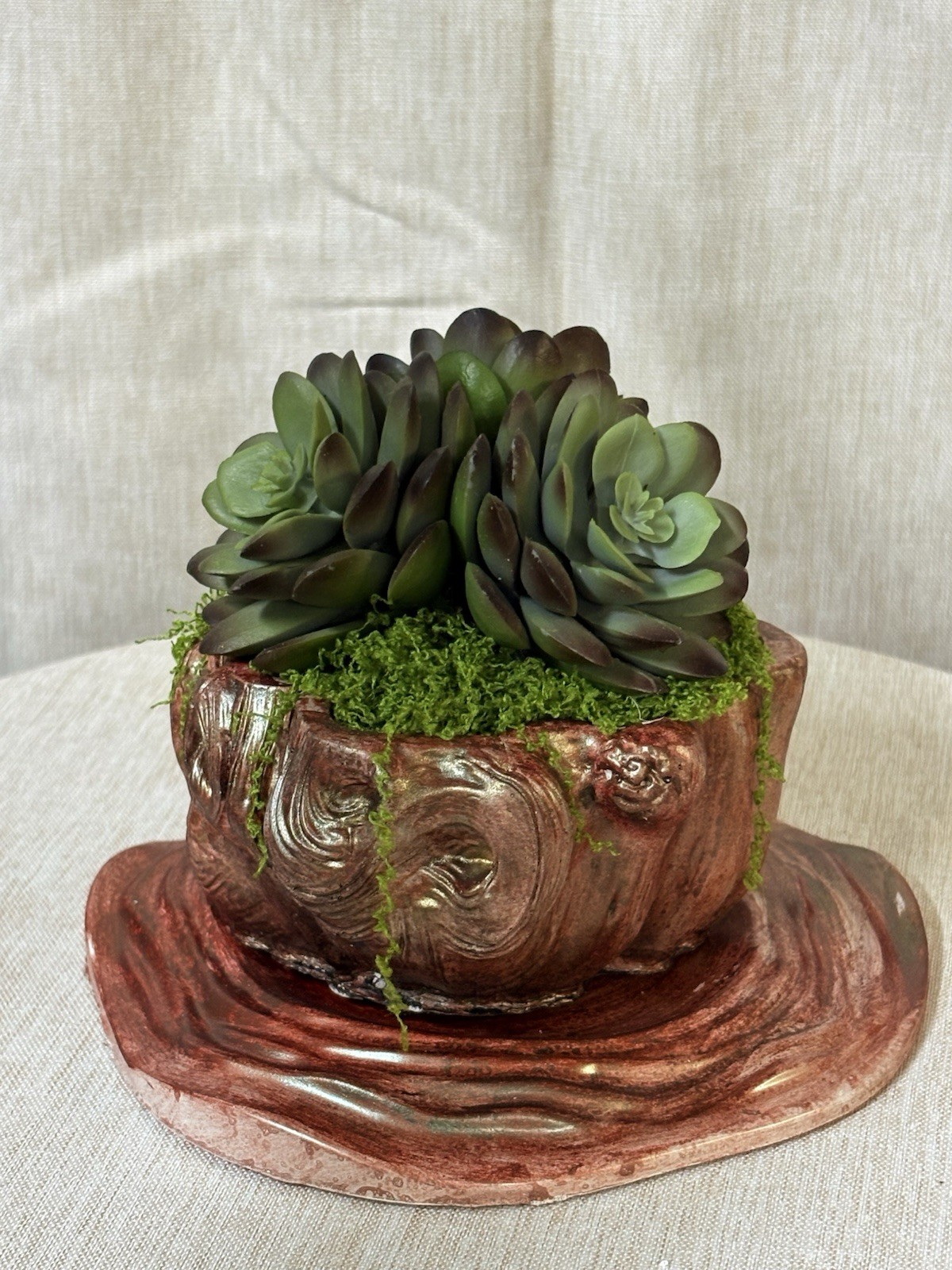 Artificial Succulents In Handmade Concrete Wood Look Pot With Saucer.