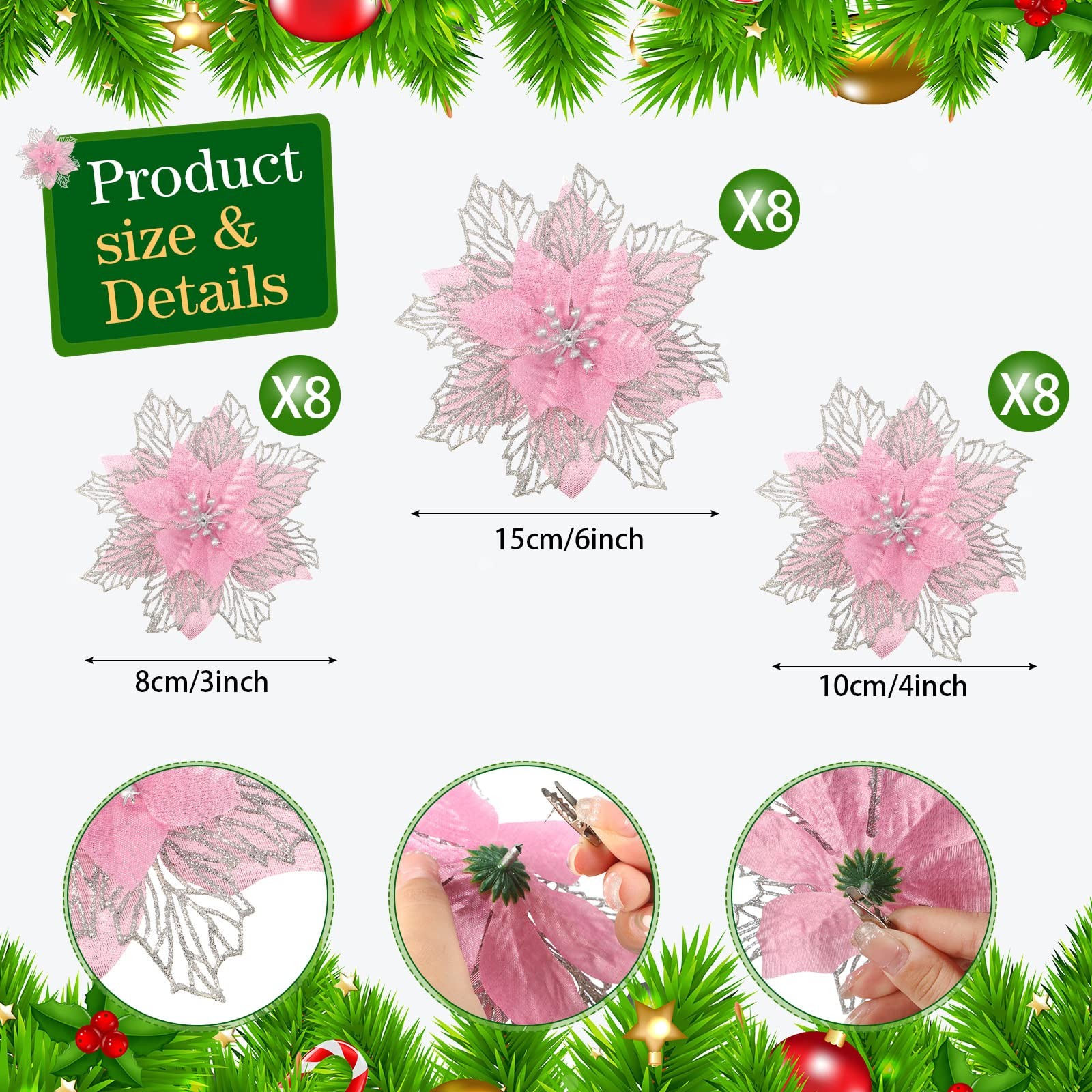 24 PCS Pink Happy New Year Glitter Poinsettia Artificial Flowers 3/4/6 Inch