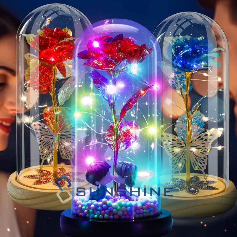 24K Gold Plated Dipped Rose Flower in Glass Dome Romantic Gift Love for Mom Girl