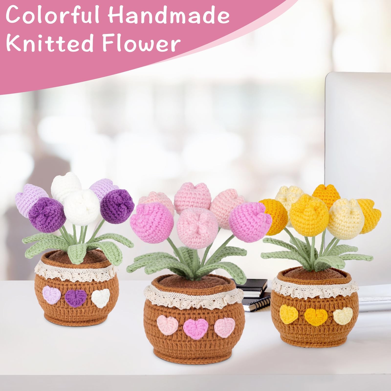 Handmade Potted Crochet Tulip Bouquet Blush Pink Crocheted Tulips Hand Woven Flo