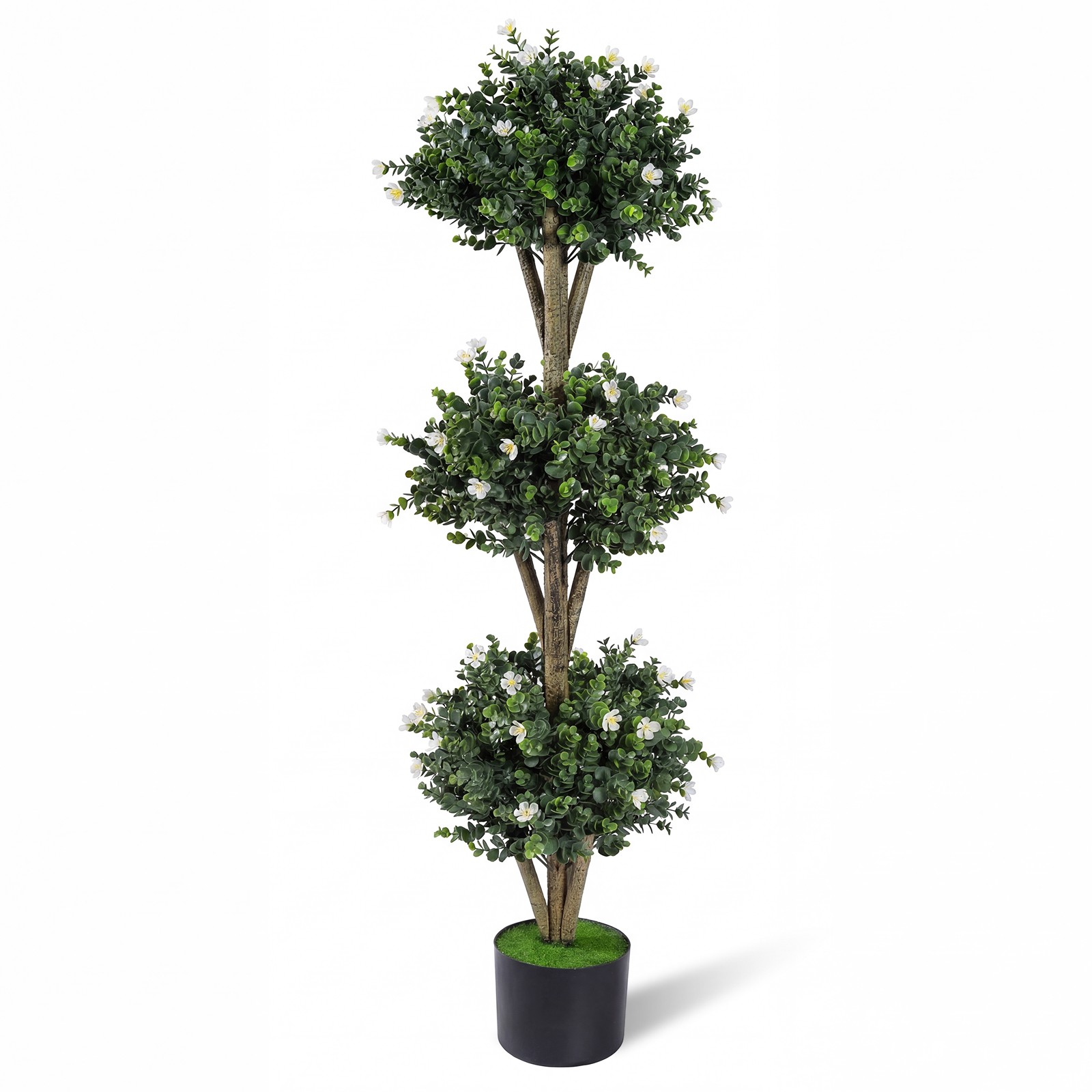 51″ Artificial Triple Ball Boxwood Topiary Tree w/ 59 Blossoms for Porch Home