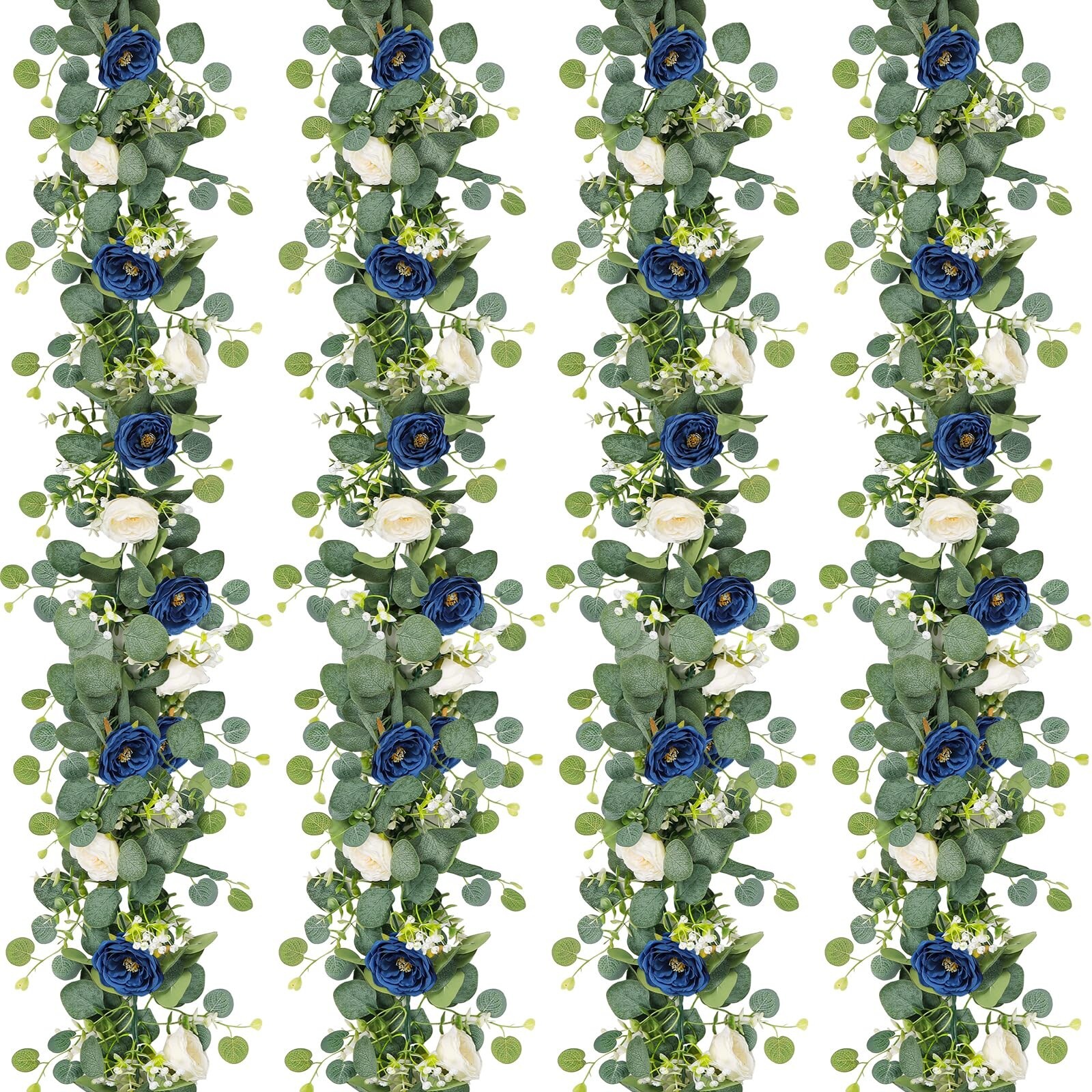 TOCHGREEN 4 Pack Artificial Eucalyptus Flower Garland with White and Blue Ros…