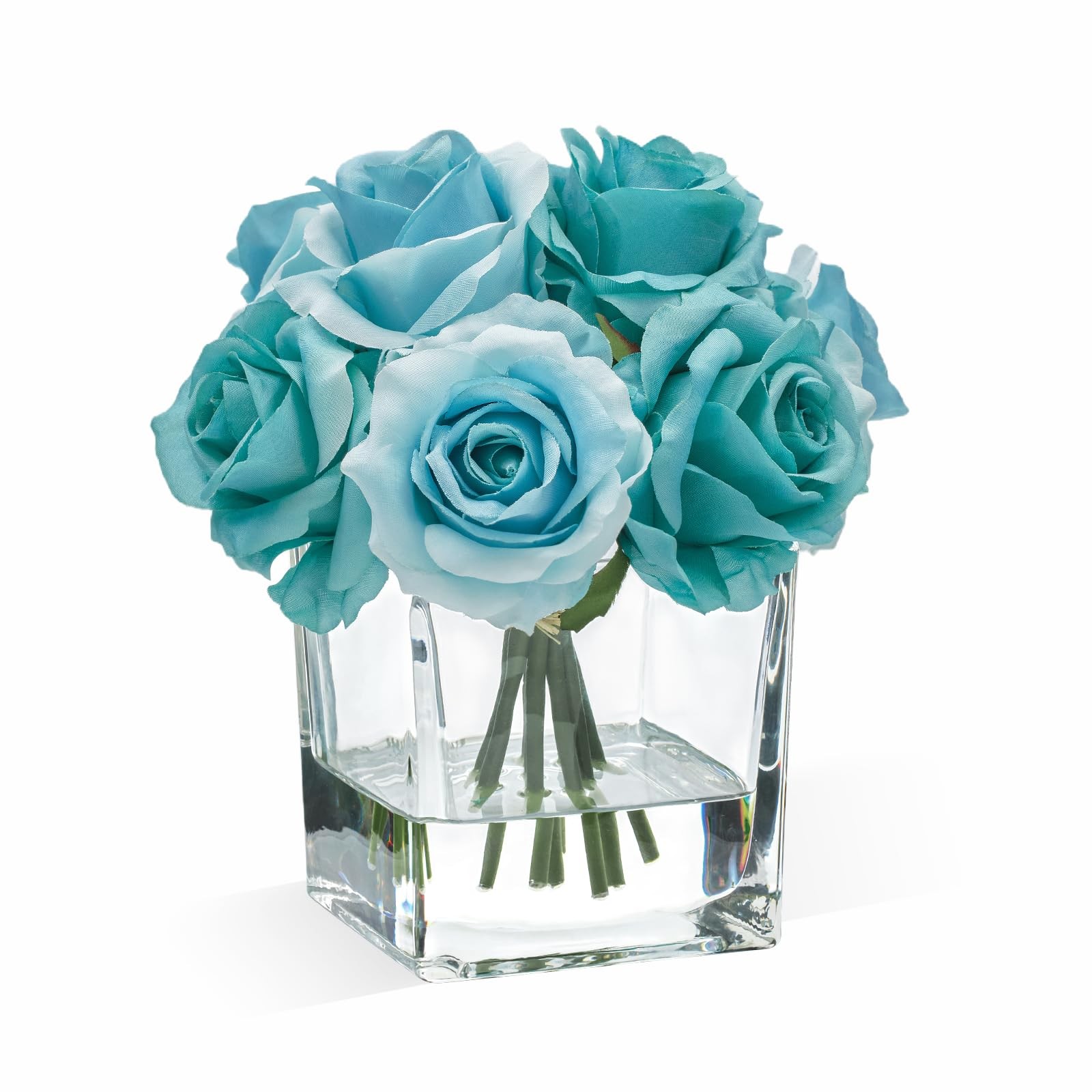 Rose Artificial Flowers Vase Faux Water Silk Centerpieces Home Decor Teal Blue