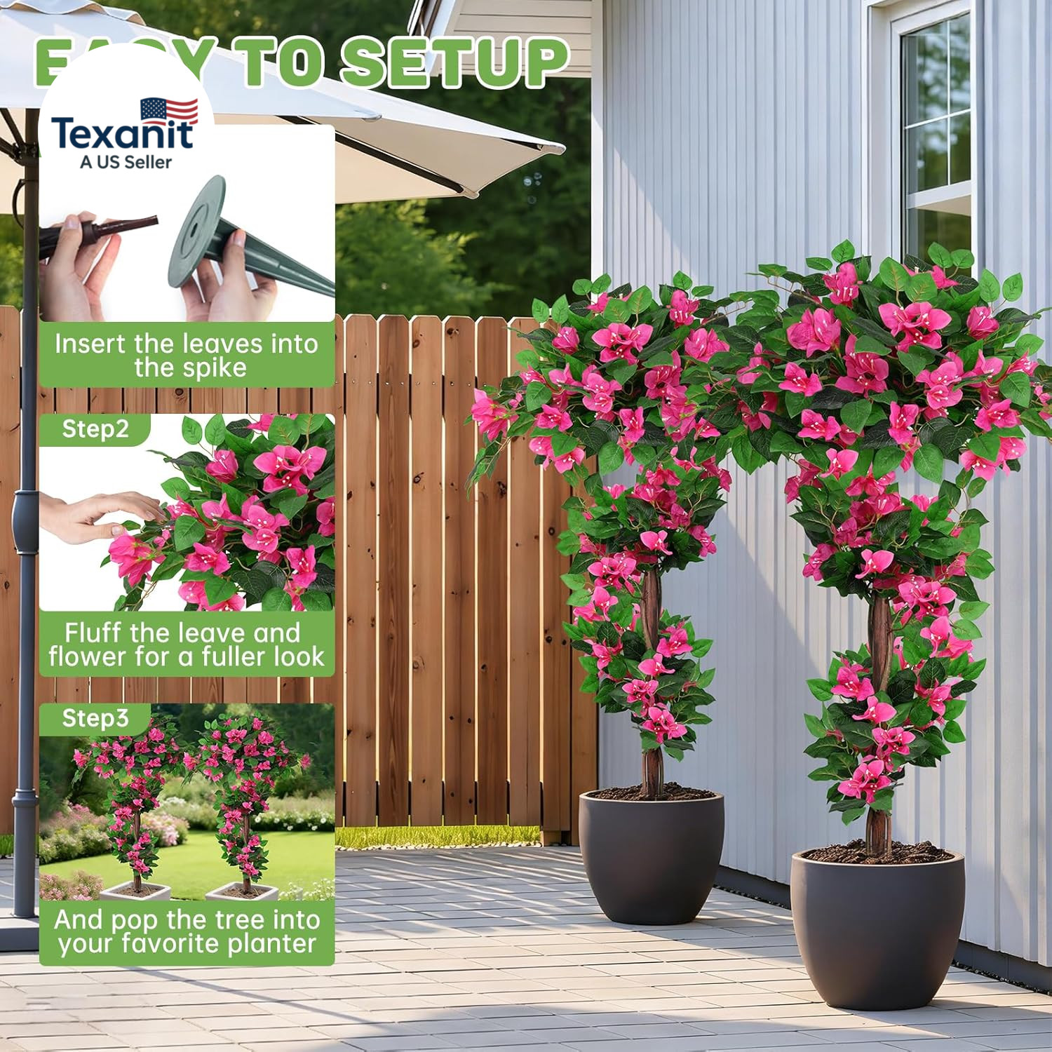 2Pack 4FT Artificial Bougainvillea Topiary Trees for Outdoor, Fake Silk Flowers