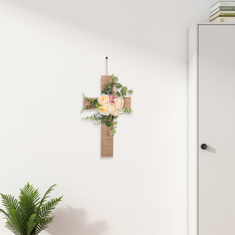 Decorative Wood Cross Wall Hanging with Beige Artificial Flowers Matte Finish