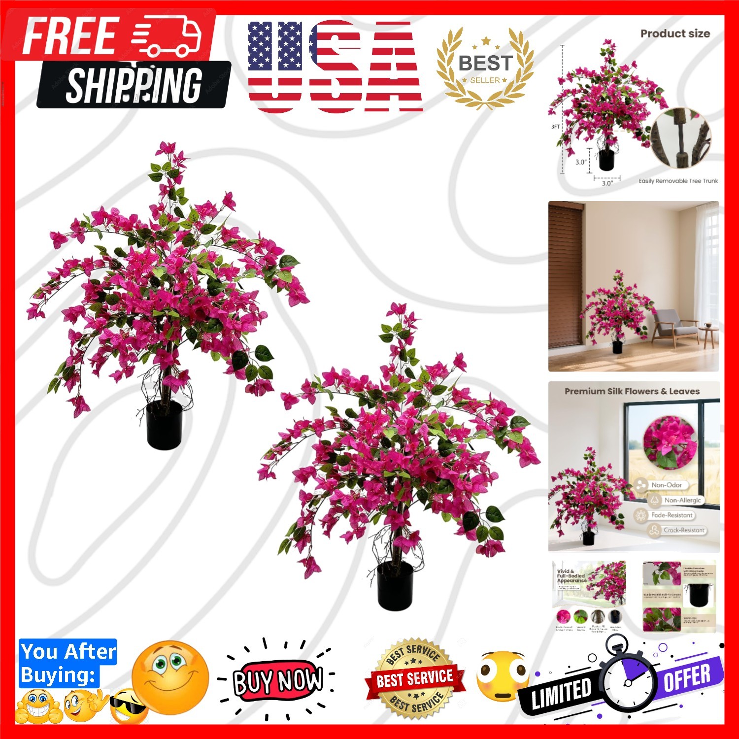 3FT Artificial Bougainvillea Tree – Realistic Faux Bougainvillea Tree with Pi…