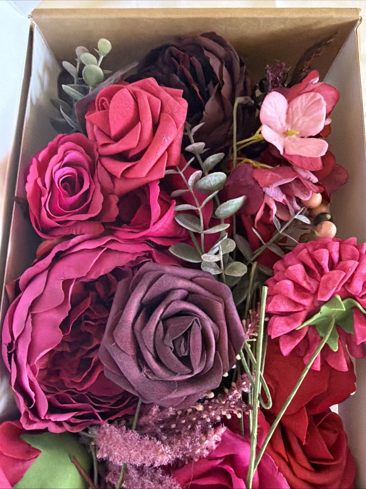 Ling’s Moment Fake Flowers Box, Faux Artificial Greenery Stems Foam Roses Berry
