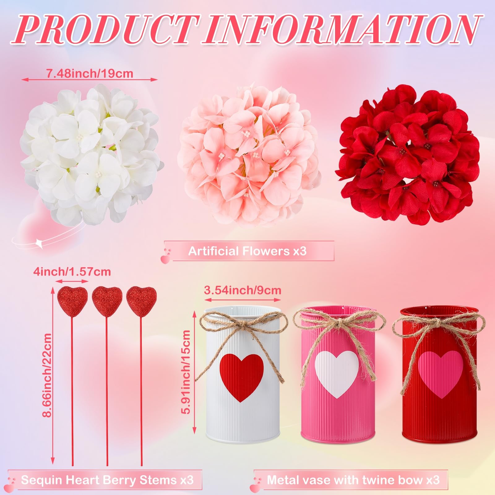 3 PCS Valentine’s Day Centerpiece Artificial Flower Red Heart Glitter Vases