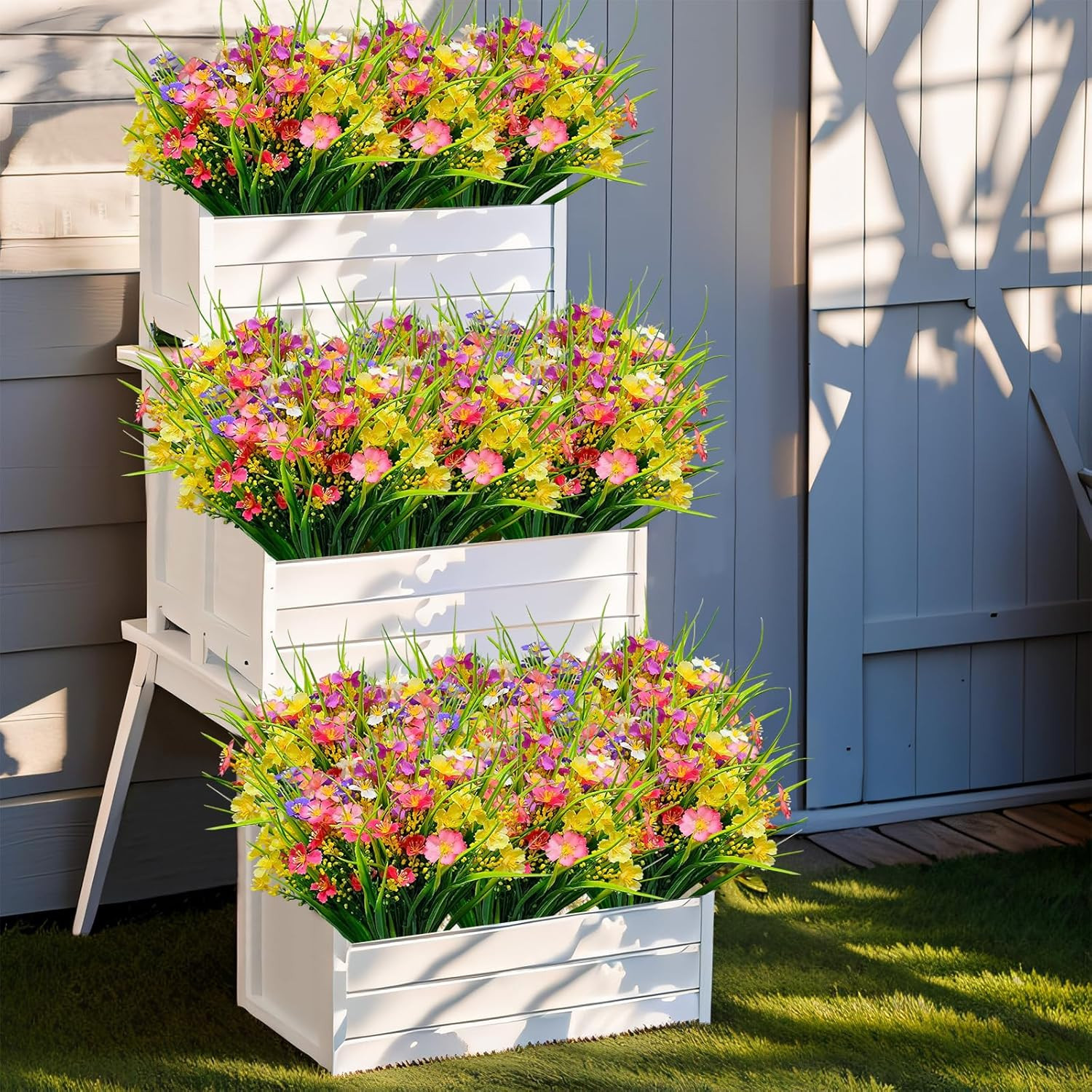 12 Bundles Artificial Flowers for Outdoor: UV Resistant Faux Silk Wildflowers Da