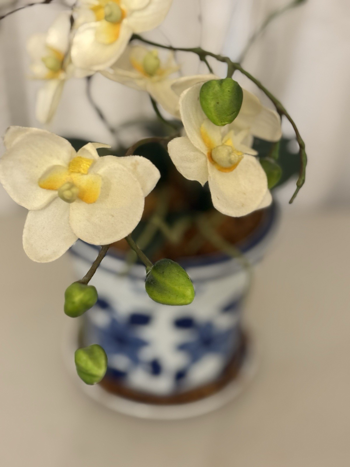 16″ Faux White Orchid Artificial Floral Arrangement Blue White Chinoiserie Pot