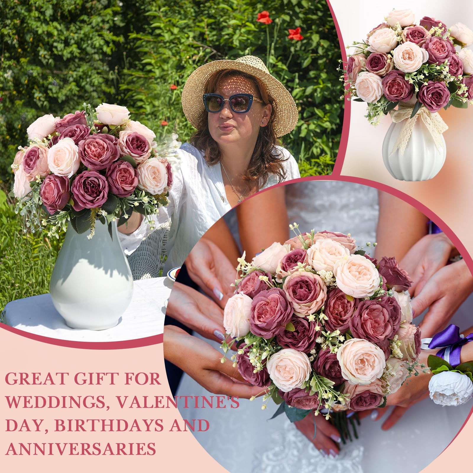 8 Bundles Artificial Peonies Flowers Fake Silk Peony Bouquet Faux Peonies Flo…
