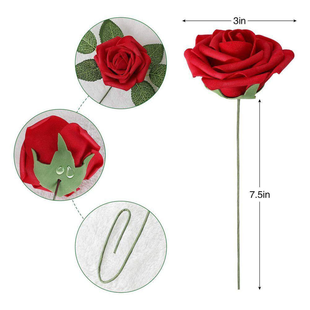 Dark Red 9.84 In. Artificial Rose Stem 25-Piece for DIY Wedding Bouquets Centerp