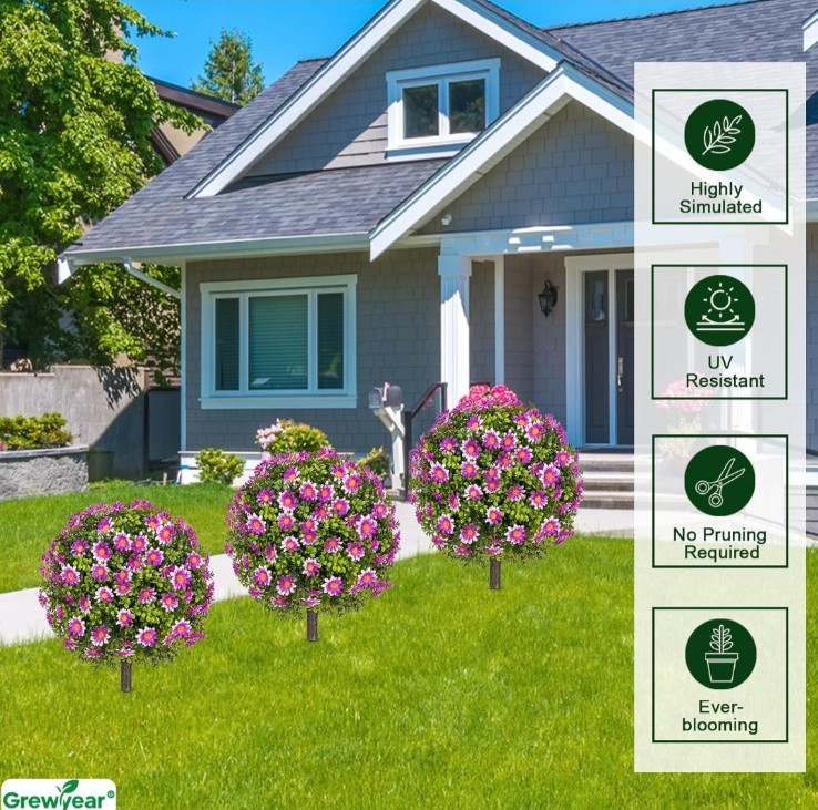 Fake Plants – 18″ Wide Set of 2 Purple Faux Boxwood Plants for Outdoor Planters