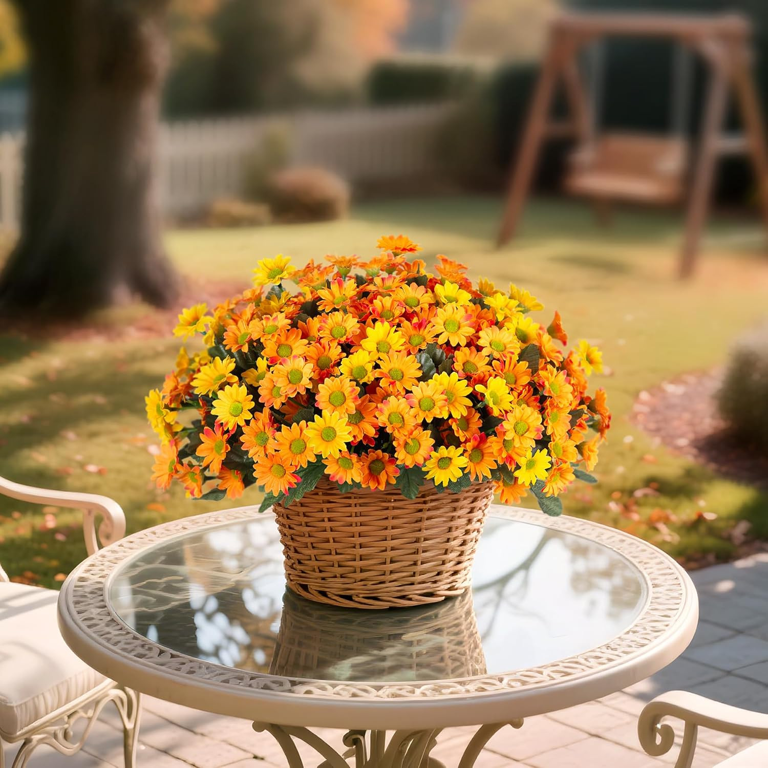 Fake Mums Fall Artificial Flowers for Outdoor Decoration, 6 Bundles Faux Silk Da