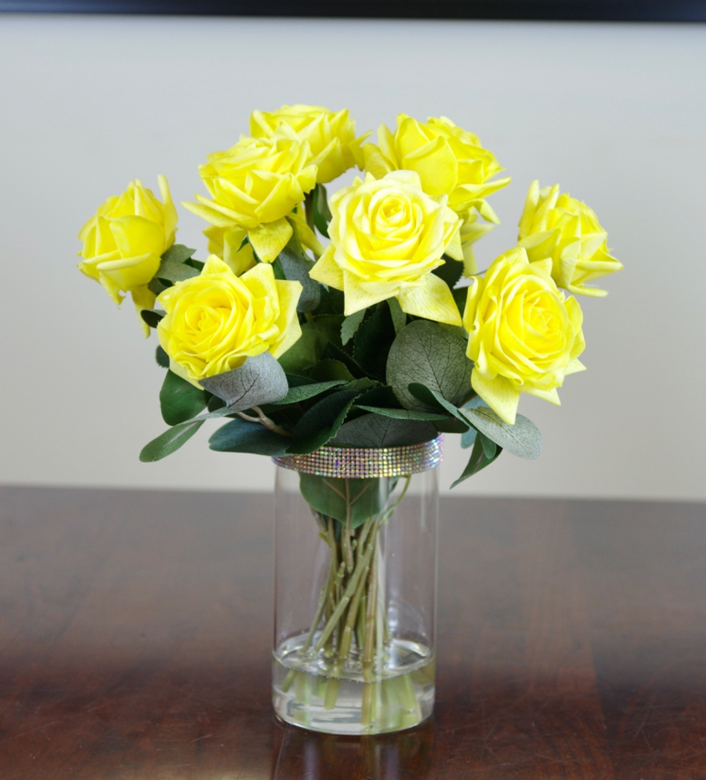 Silk Real Touch Yellow Roses in Glass Cylinder Vase, Rhinestone Trim and Resin