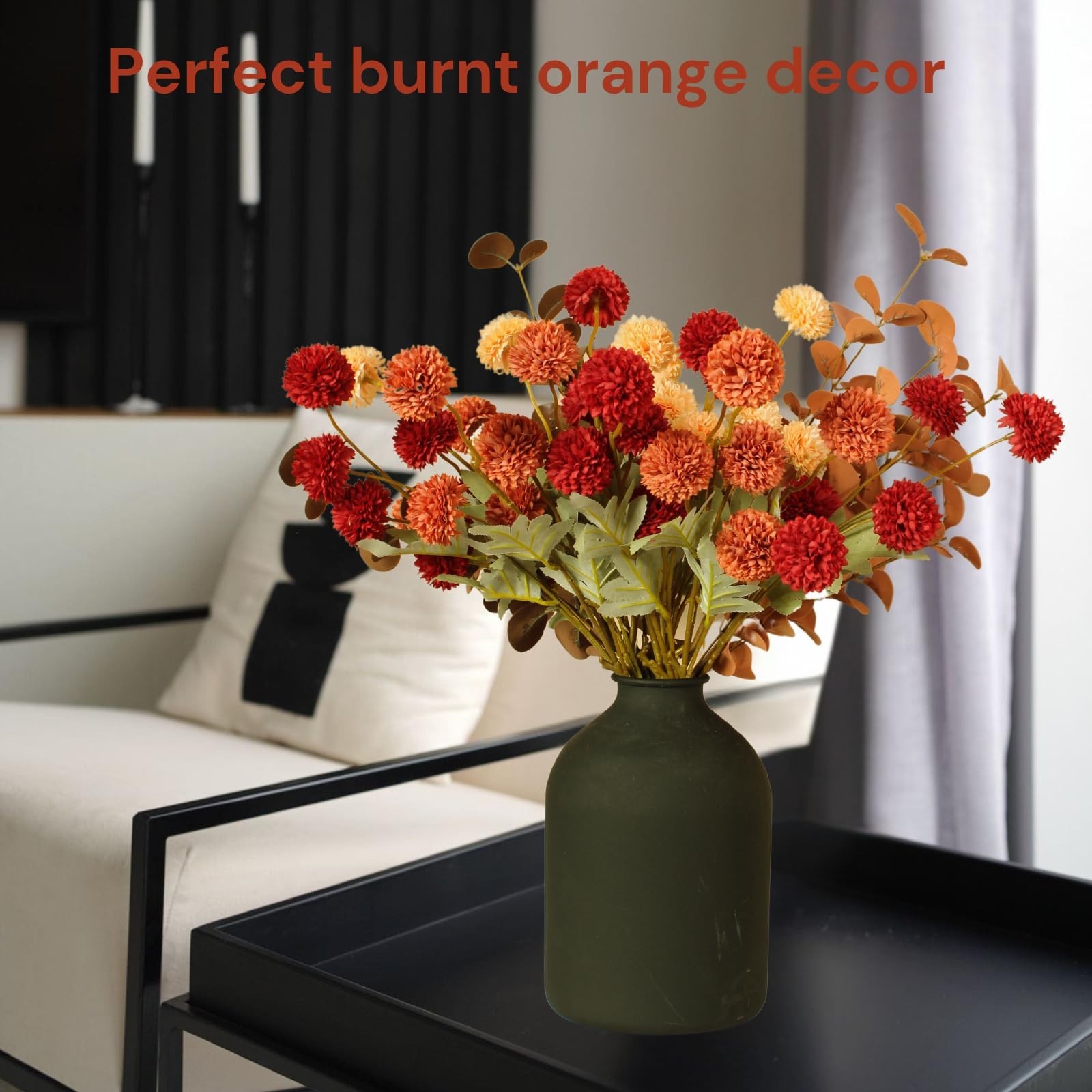 Autumn Floral Arrangement – 10 Stems Burnt Orange Faux Flowers & Eucalyptus Deco