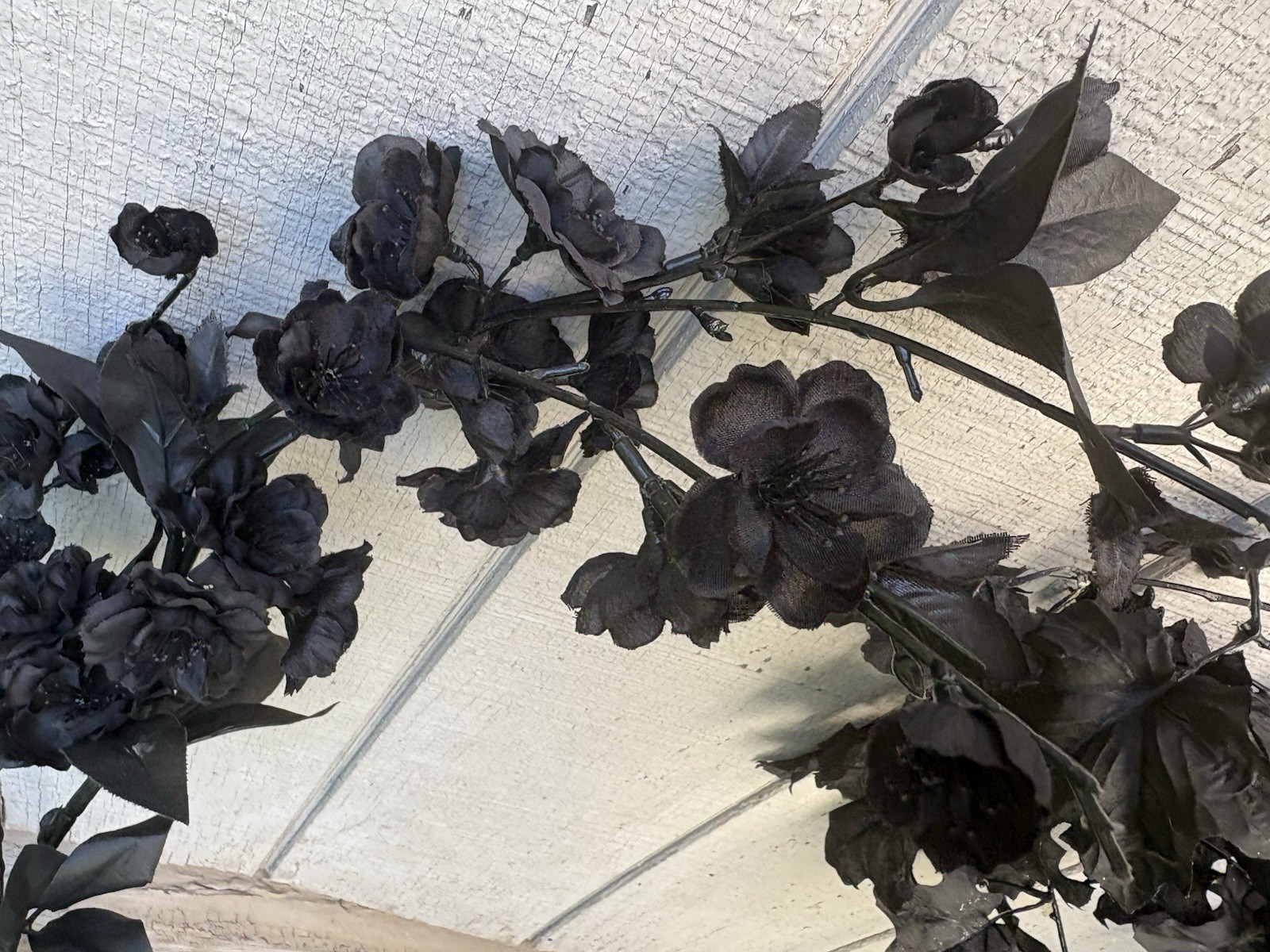 Halloween Decor Fake Black Glitter Maple Leaf & Goth Cherry Blossom Branch 24”