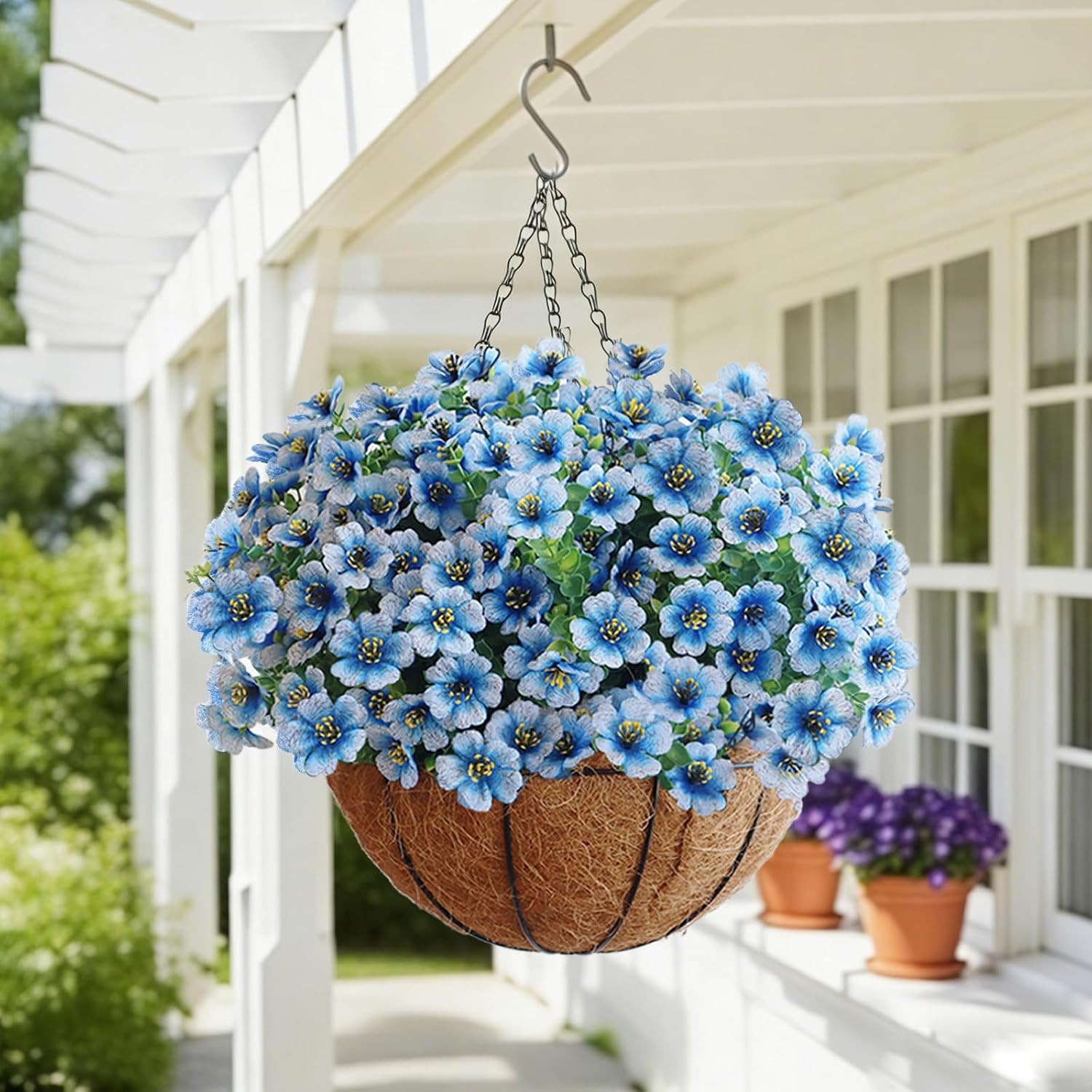 UV Resistant Artificial Flower Bundles in Pot – White & Blue for Home & Garden
