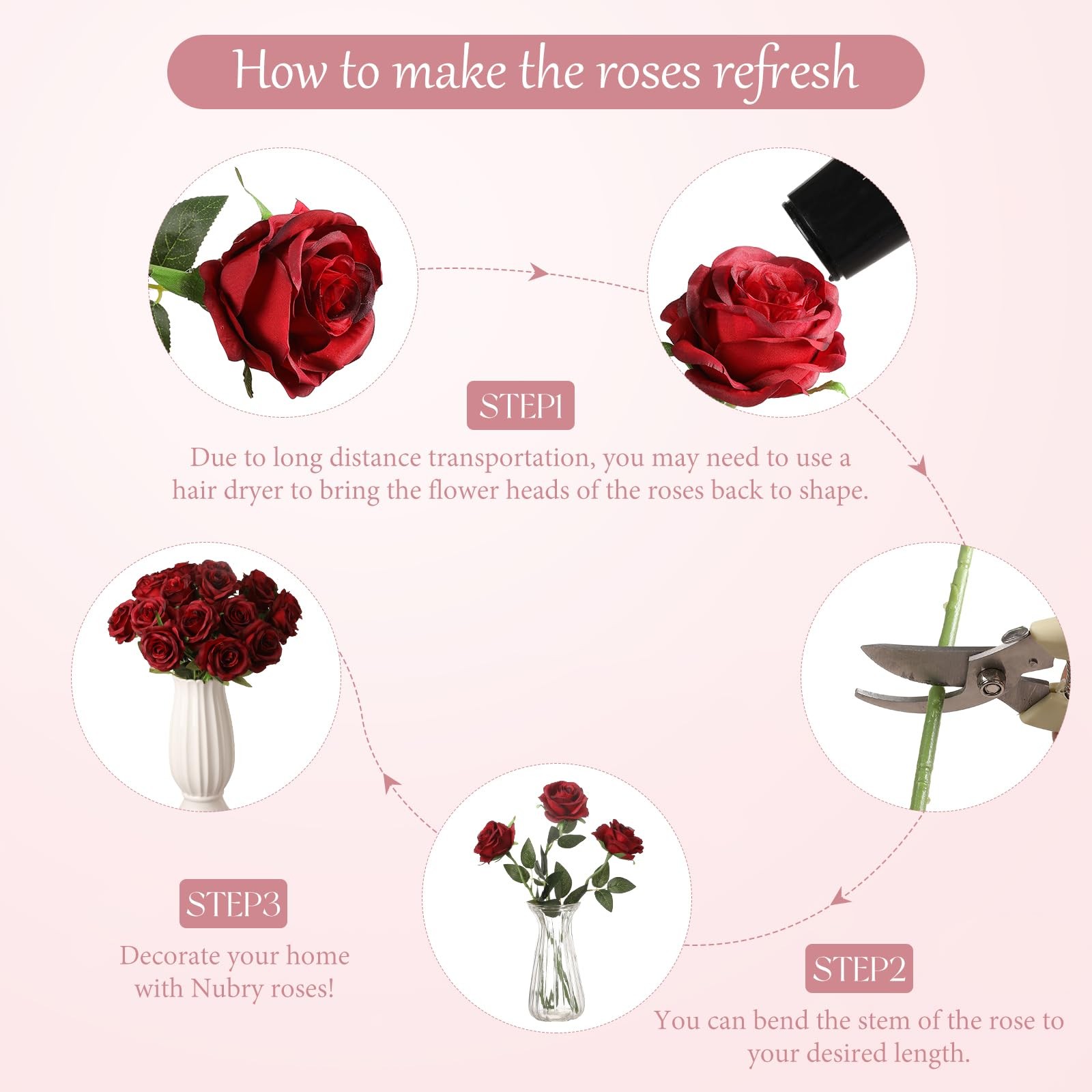 Nubry 24pcs Artificial Burgundy Roses, Fake Silk Roses Flower with