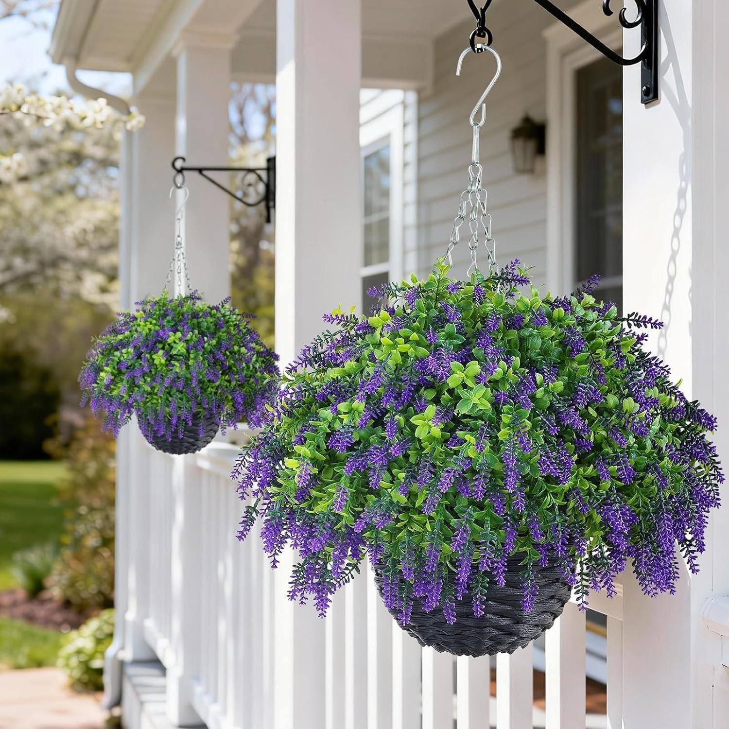 UV-Resistant Artificial Lavender & Boxwood Hanging Baskets – 2 Set for Outdoor D