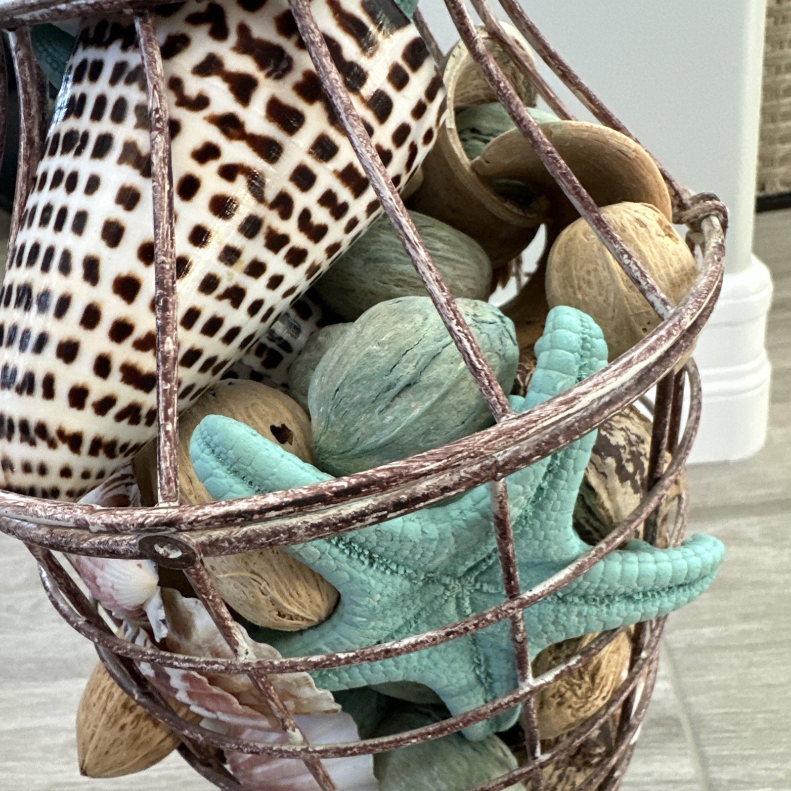 Beach Decore, Decorative Cage With Real Shells And Dried Ocean Plants Theme