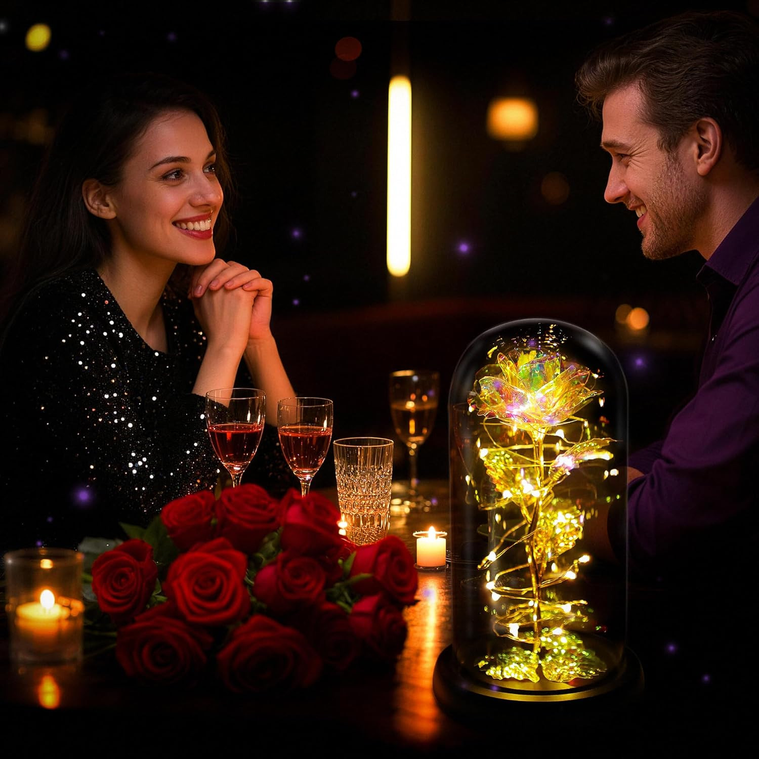 LED Rose in Glass Dome Gift for Her Valentine Anniversary Birthday Mom Wife