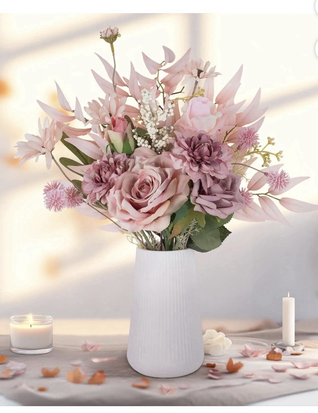 Nuptio Fake Flowers in Vase Centerpieces: Artificial Faux Flower in Ceramic Vase