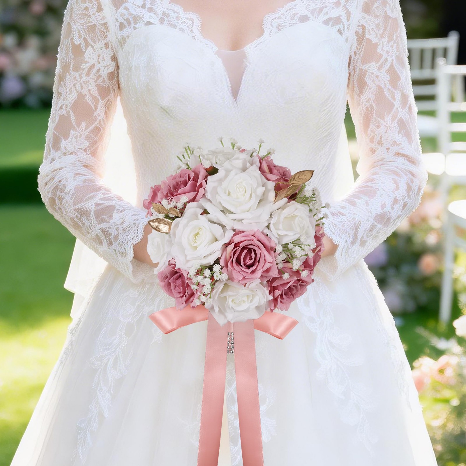 1 PCS Wedding Bouquets 9 Inch Artificial Rose Bridal Ivory White Pink Silk