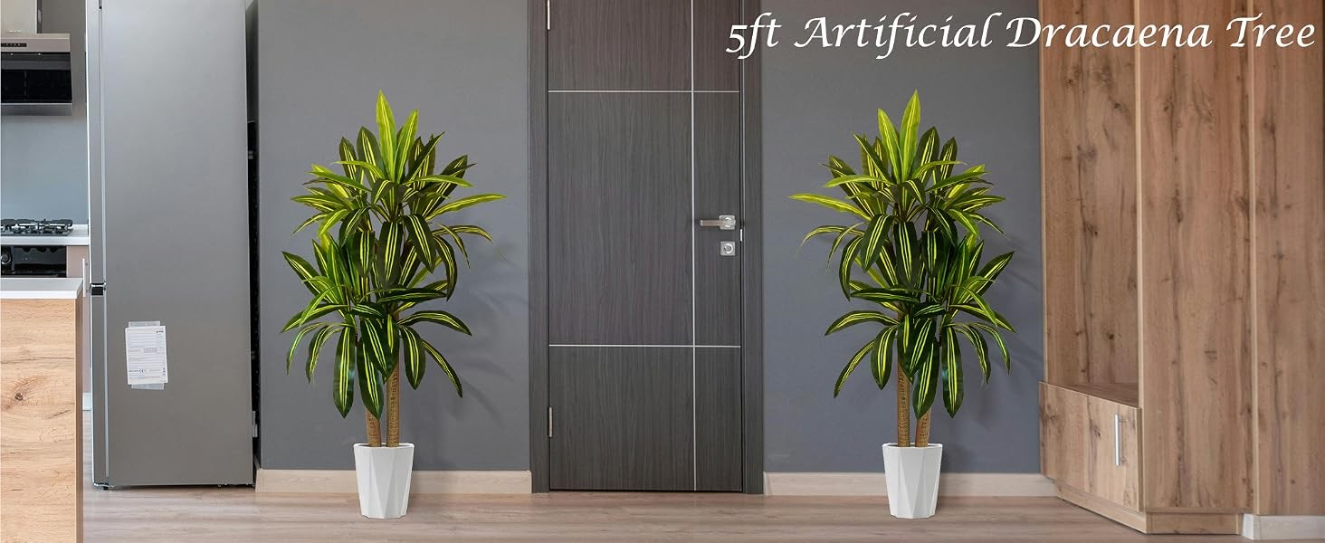 Artificial Dracaena Tree, 5ft Tall Fake Dracaena Plant with Basket, Indoor
