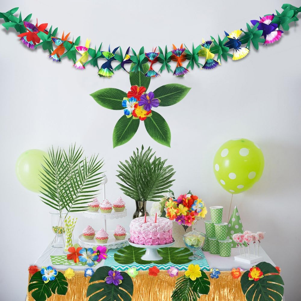 105Pack Artificial Palm Leaves Hibiscus Flowers Tropical Party Decorations Su…