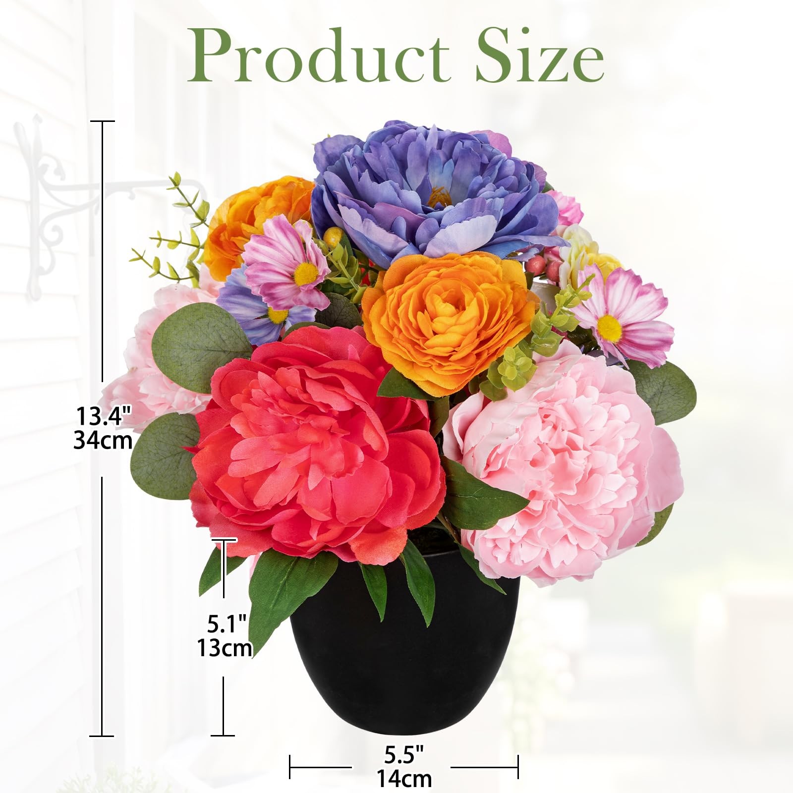 Artificial Peonies Flower in Modern Black Pot, Farmhouse Table Floral Arrange…
