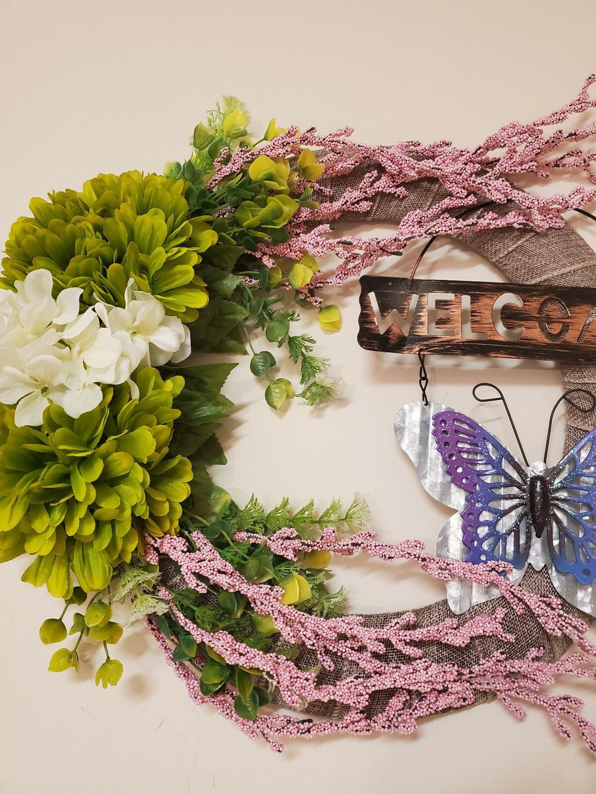 WELCOME fall spring Wreath green white pink FLOWER beige burlap Decor Front Door